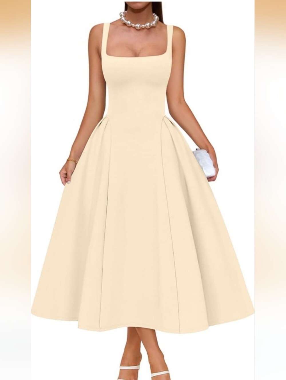 Memoriesea Cream Elegant Square Neck Fit And Flare Party Dress Size Large NWT